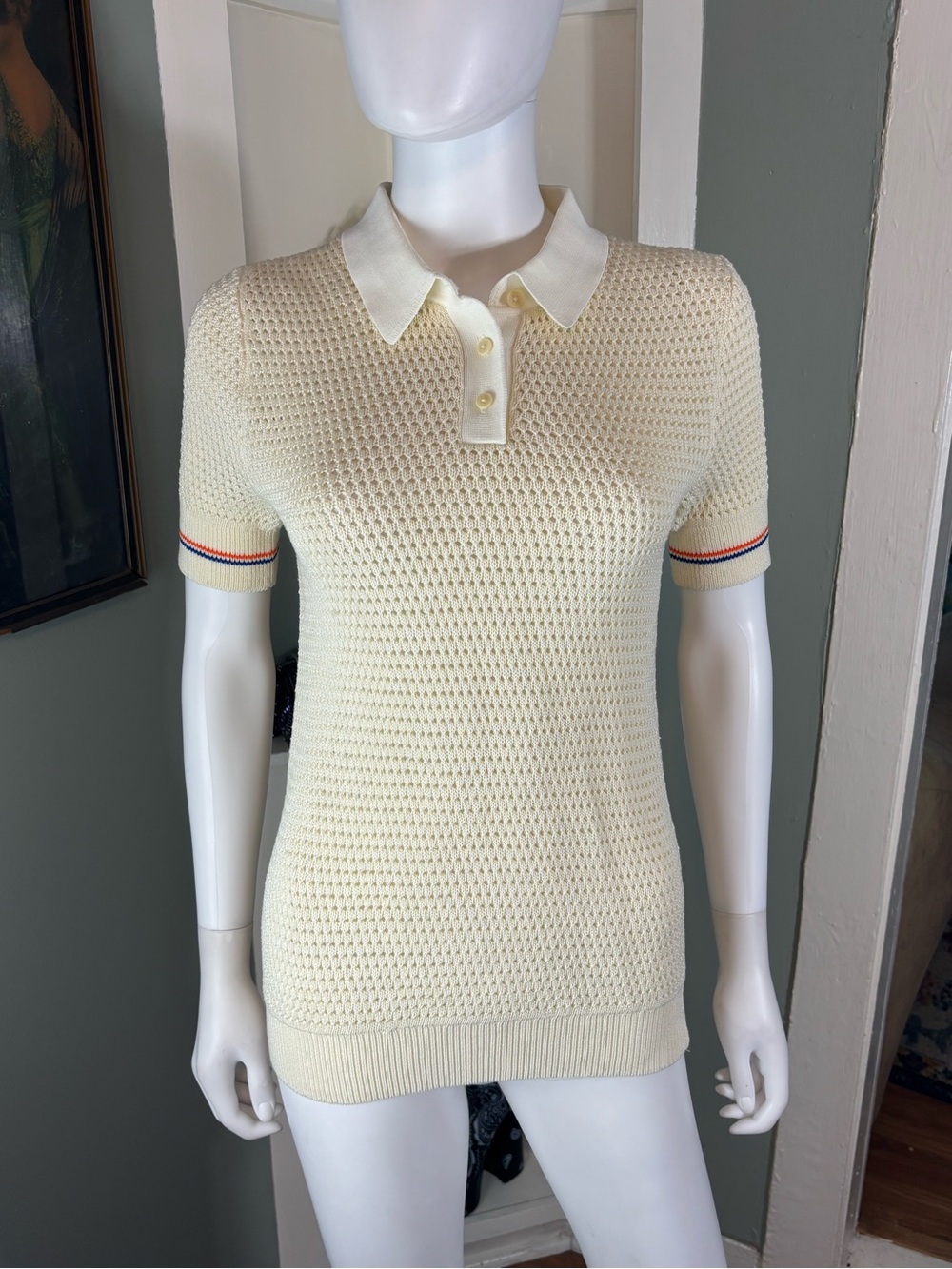 Tory Burch Cream Open Knit Crochet Sweater Pointelle Polo Shirt Top S Small